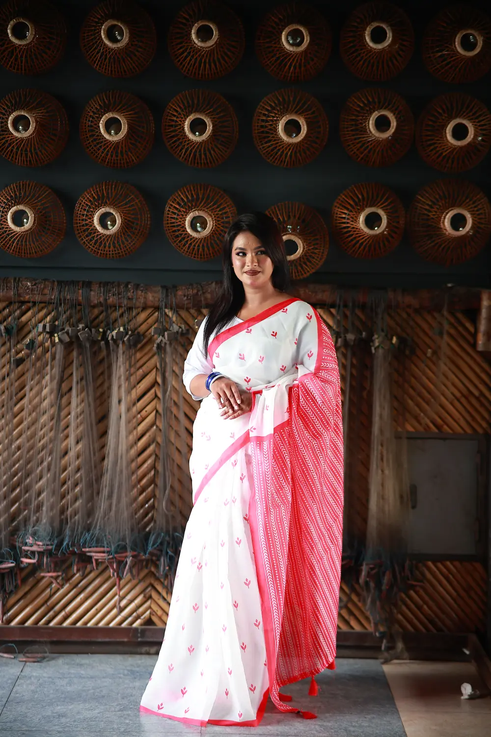 White and red Chanderi Silk