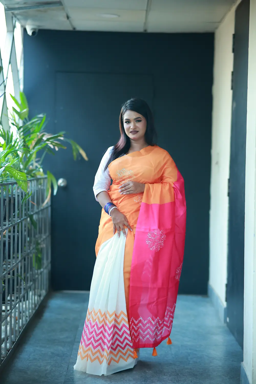 Orange Pink & White Combination Chanderi Silk Saree